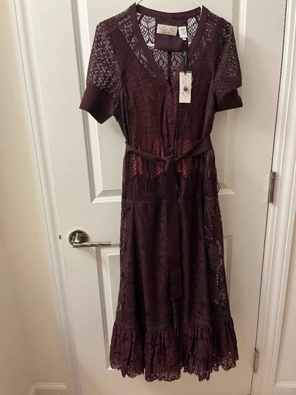 Byron Lars Burgundy Crochet Lace Midi Dress with Belt